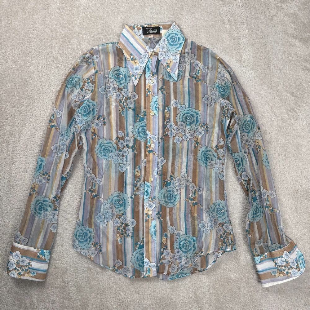 Vintage Tucci 80's Retro Sheer Long Sleeve Blouse Womens 7/8 Floral Preowned‎